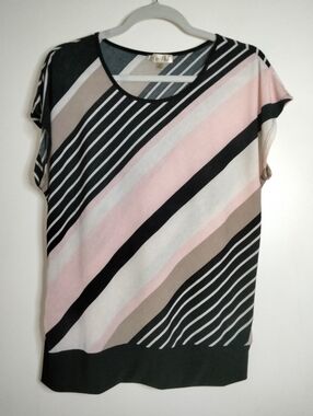 Lavish (Size M) Multicolored Diagonal Striped Stretch Short Sleeve Blouse Top